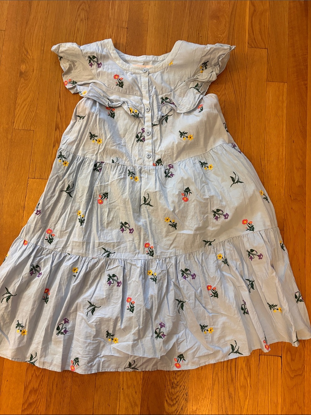Light Blue Floral Tiered Dress with Ruffle Yoke